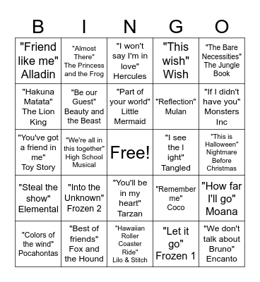 Disney Bingo #1 Bingo Card