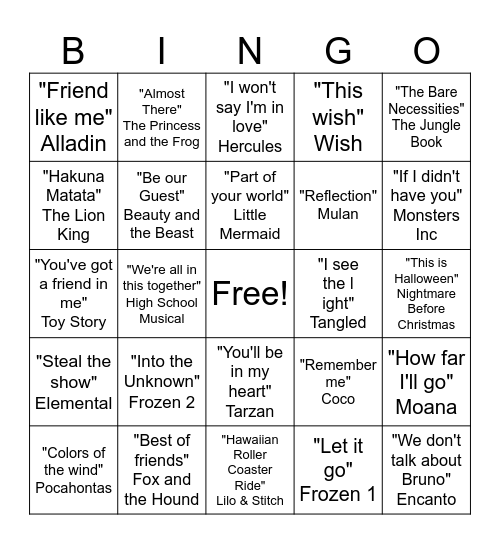 Disney Bingo #1 Bingo Card