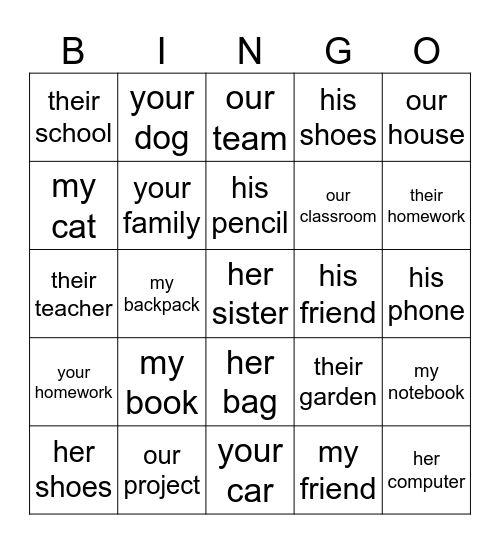 Possessive adjectives Bingo Card