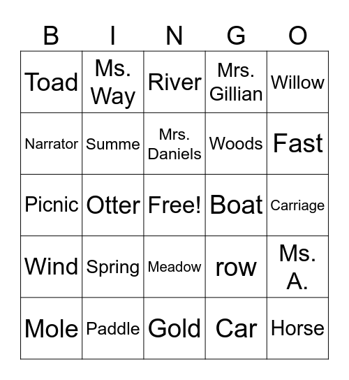 The Wind and Willows Bingo Card