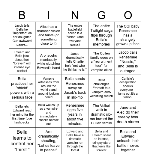 Breaking Dawn Part 2 Bingo Card