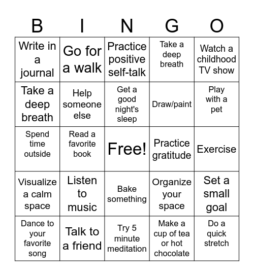 Positive Ways to Cope with Stress Bingo Card