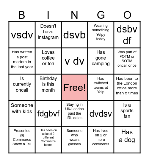 Yelp Commerce Bingo Card