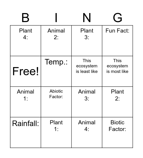 Biome Bingo Card