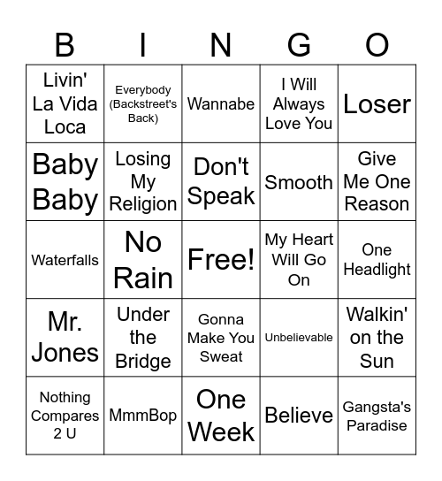 90s Hits Bingo Card