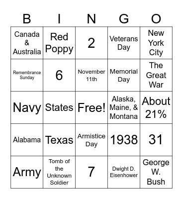 Veterans Day Bingo Card