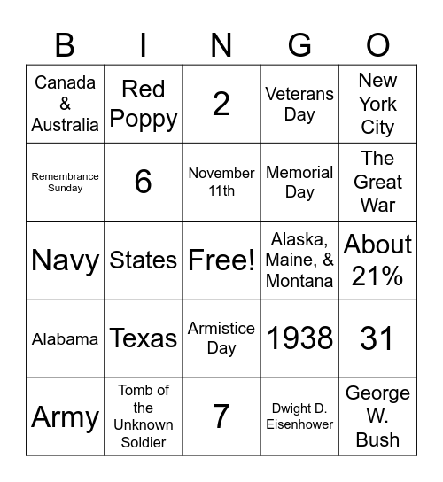 Veterans Day Bingo Card