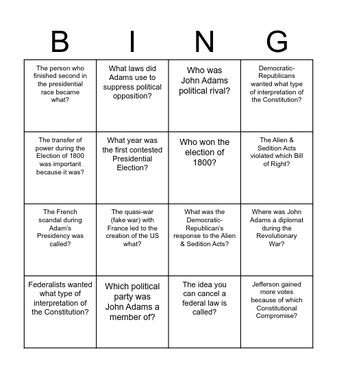 John Adams Bingo Card