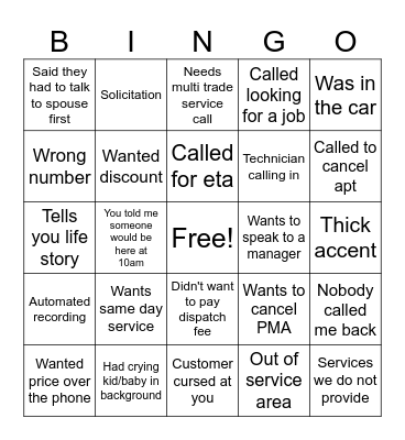CALL CENTER BINGO Card