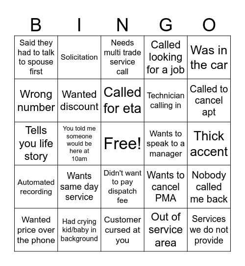 CALL CENTER BINGO Card