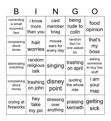 Kaitlyn Disney Bingo Card
