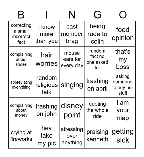 Kaitlyn Disney Bingo Card