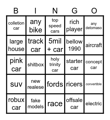 car bingo Card