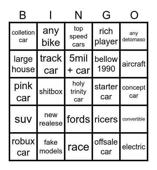 car bingo Card