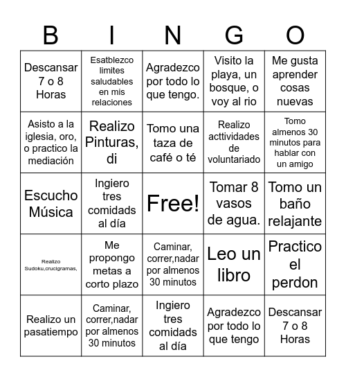 Bingo del Autocuidado Bingo Card