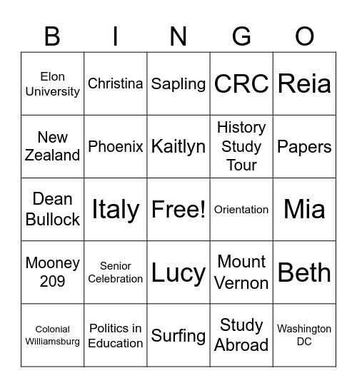 Senior Celebration Bingo Card