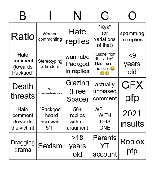 Packgod comments Bingo Card