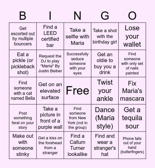 Maria's 21st Trashy BINGO Card