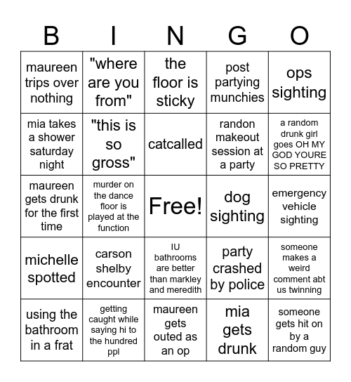 IU Weekend Bingo Card