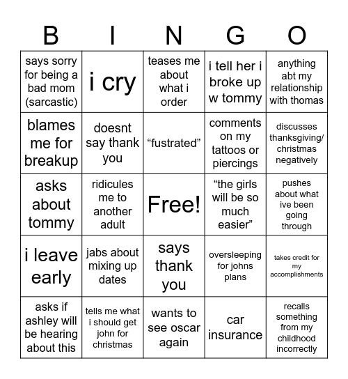 Tracy Bingo Card