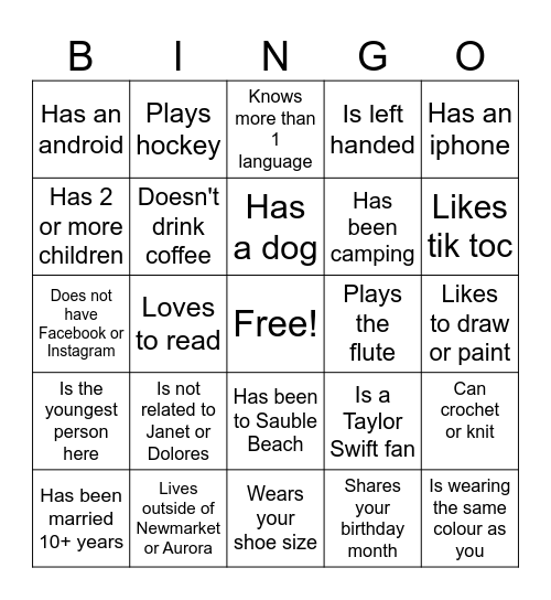 Find someone you don't know who matches each description Bingo Card