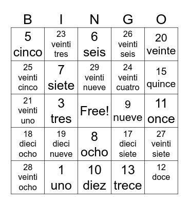 Numeros del 1 al 30 Bingo Card