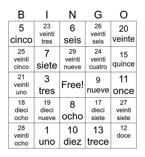 Numeros del 1 al 30 Bingo Card