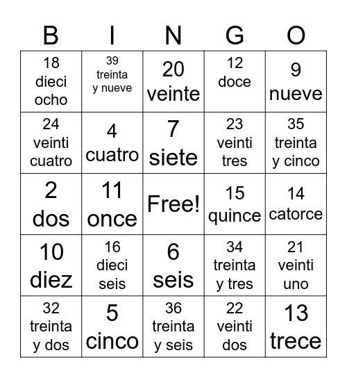 Numeros del 1 al 40 Bingo Card