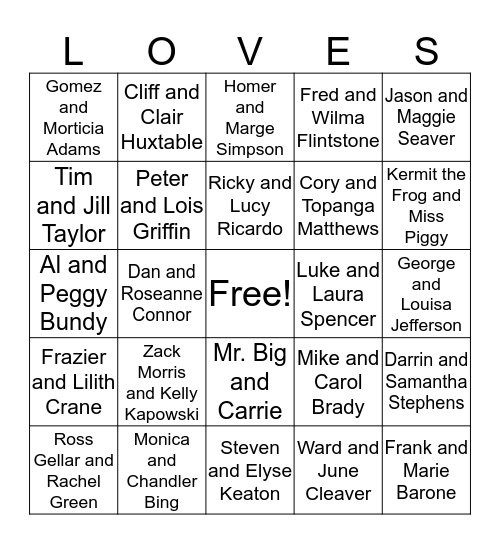 Famous TV Couples Bingo Card