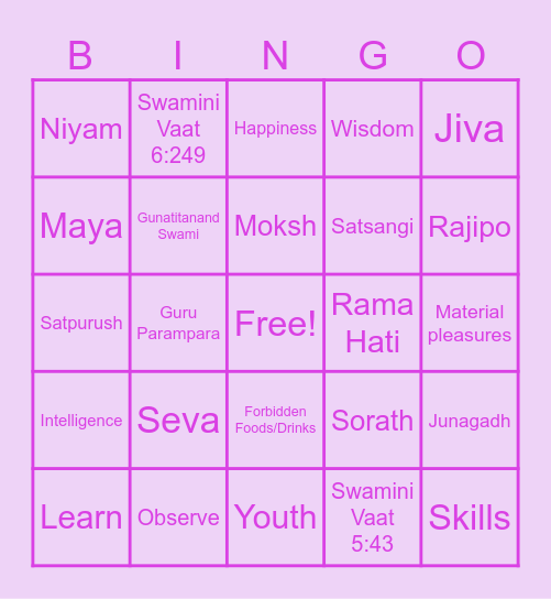 Observe and Learn Bingo Card