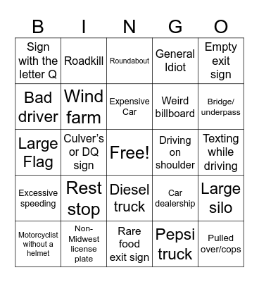 Midwest road trip bingo Card