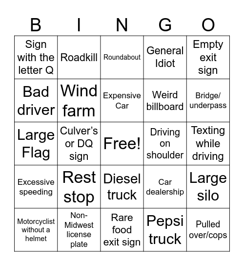 Midwest road trip bingo Card