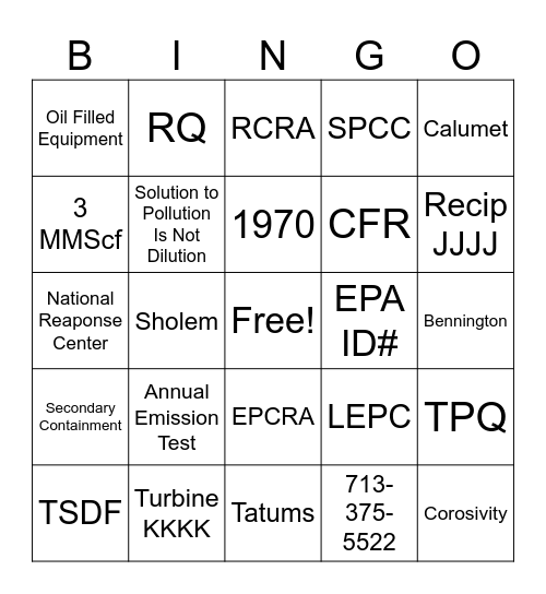 Environmental Compliance Bingo Card