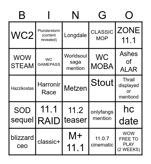 Warcraft Direct Bingo Card