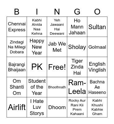 B O L L Y W O O D Bingo Card