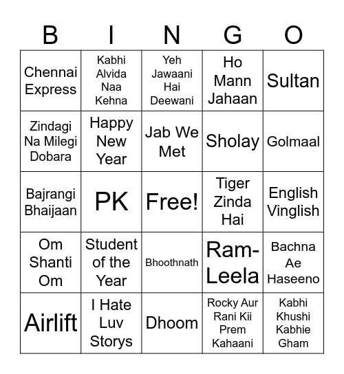 B O L L Y W O O D Bingo Card