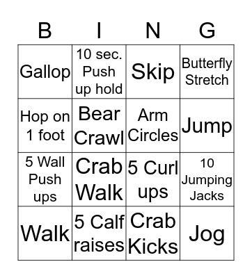 Fitness Bingo  Bingo Card