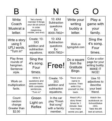 3rd Grade Homework Bingo Card