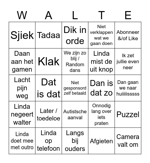 Walters Vlogs Bingo 5x5 Bingo Card