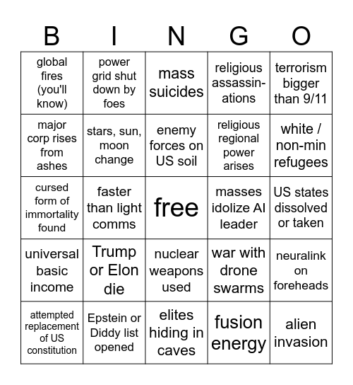 American Apocalypse Bingo Card