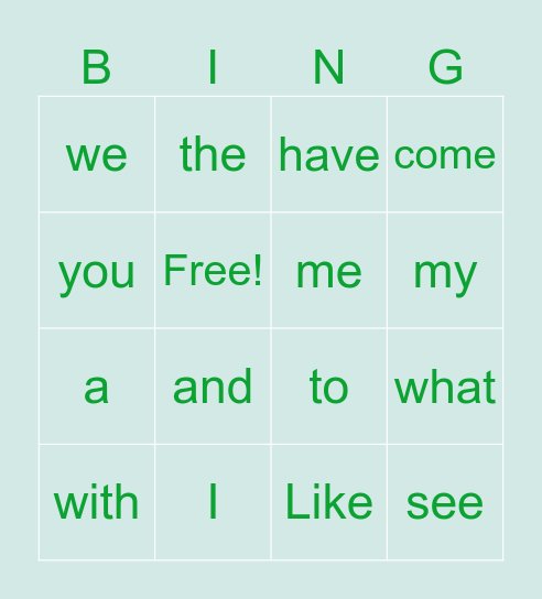 Kindergarten word Bingo Card