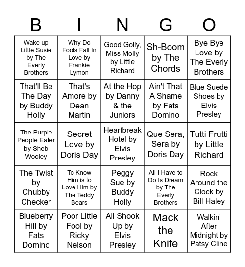 50s Music Bingo Card