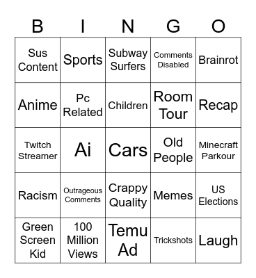 Youtube Shorts Bingo Card