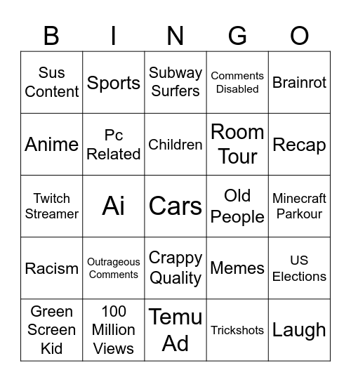 Youtube Shorts Bingo Card