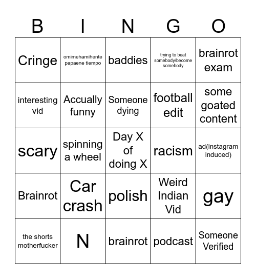 Instagram Bingo Card