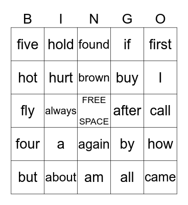 Site Words Bingo Card