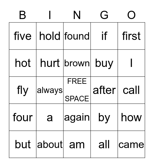 Site Words Bingo Card