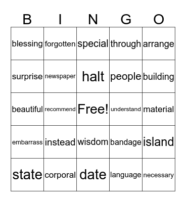 Vocabulary/Sight Words Bingo Card