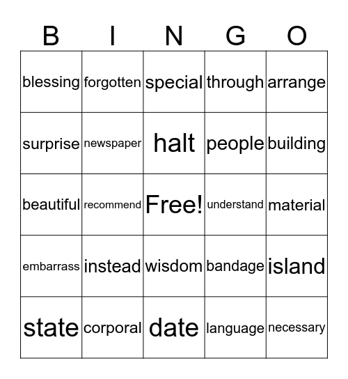 Vocabulary/Sight Words Bingo Card