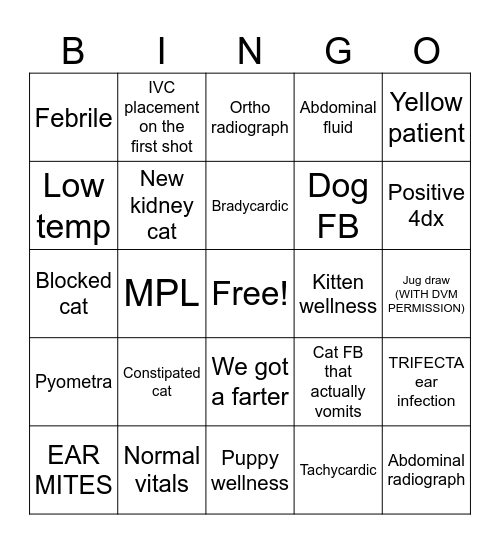 Veterinary BINGO Card